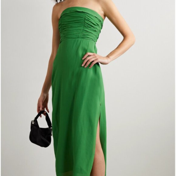 Reformation Lore Shirred Ruched Strapless Georgette Midi Dress Kelly Green 10 - Picture 1 of 9